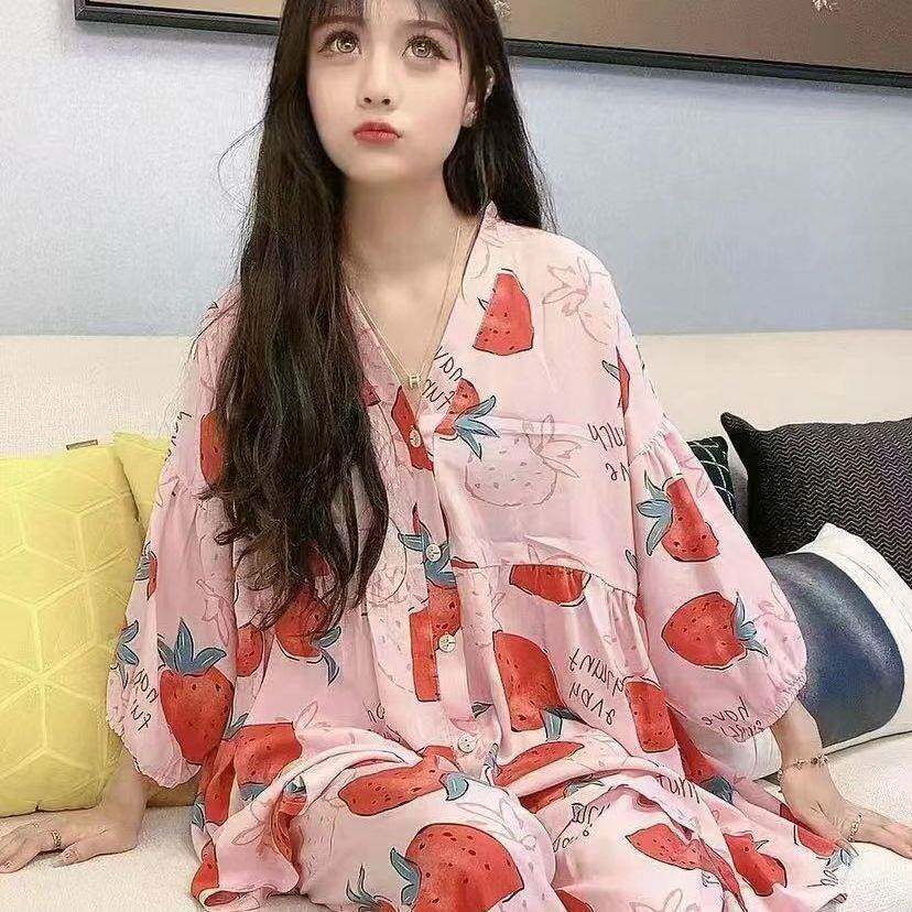 Fat girl summer pajamas new cotton silk air-conditioning clothing ladies large size Korean trousers long sleeves two-piece home service