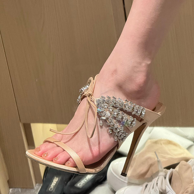 2026 New Open-Toe Rhinestone Champagne-Colored Satin Cross-Strap Slip-On Women's Sexy Outdoor Stiletto High Heels