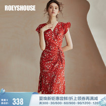 Rocoat retro color lotus leaf sleeve dress with dress and summer dress New drawing rope Folds Lace Temperament long dress 02530