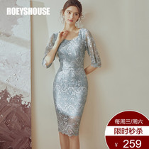 Rocoat Elegance Hollowed-out Lace Dress New Temperament Grey green Body Wrap Hip ladies mid-length dress 02567