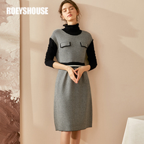 Rocoat 43 8% wool sweater one-piece dress lady temperamental lady splicing fake two-piece plaid with long dresses 02661