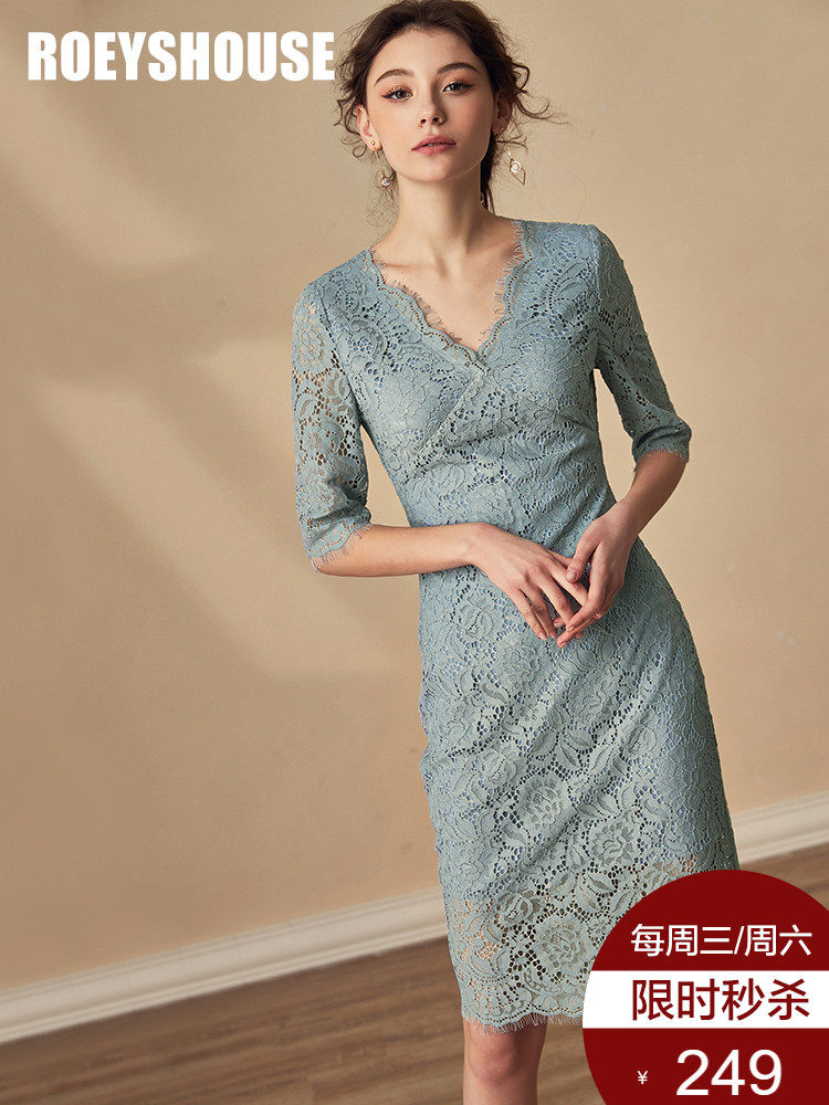 Luo Yi original elegant lace dress new temperament hollow fog blue slim lady mid-length dress 7108