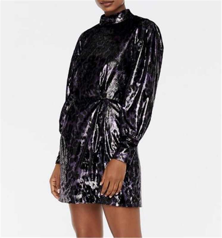 D Brand's New Velvet Leopard Print Floral Round Neck Long-Sleeve Slim-Fit Mini Dress