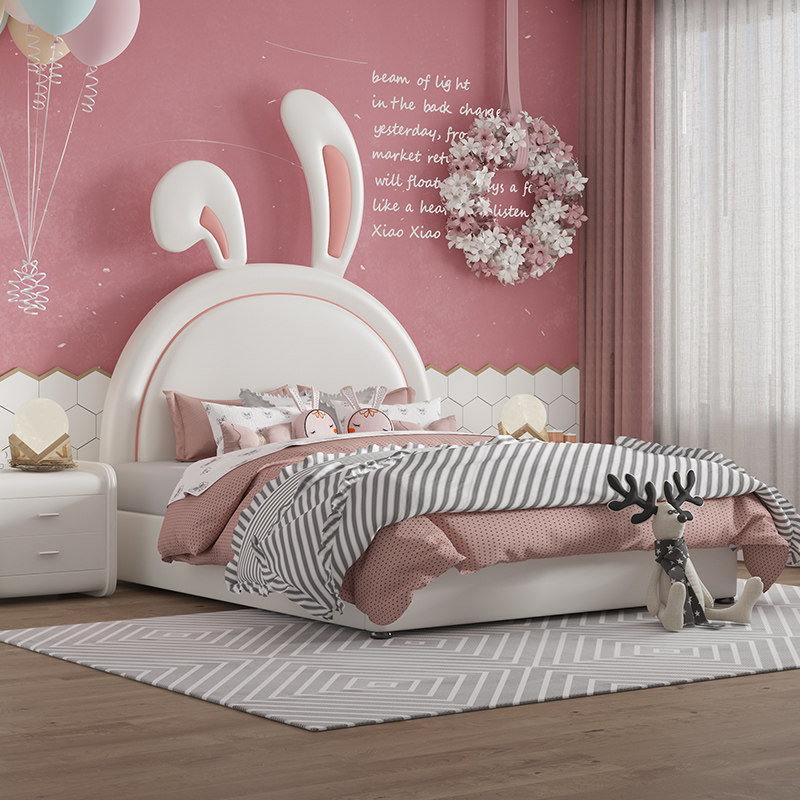 Children's bed girl dream Castle princess bed 1 5m net red rabbit bed Modern simple girl pink leather bed