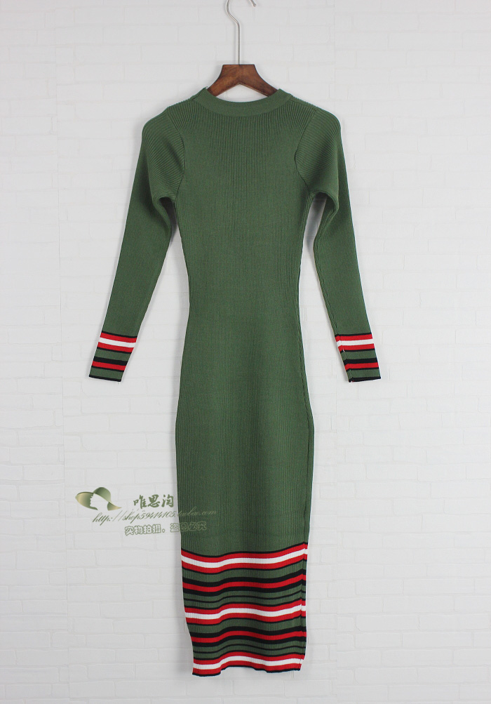 Châu Âu và Mỹ phong cách sản phẩm mới hố mỏng tự phù hợp với tương phản sọc bảy- điểm tay áo đan váy nữ váy dài g326 thời trang công sở hàn quốc