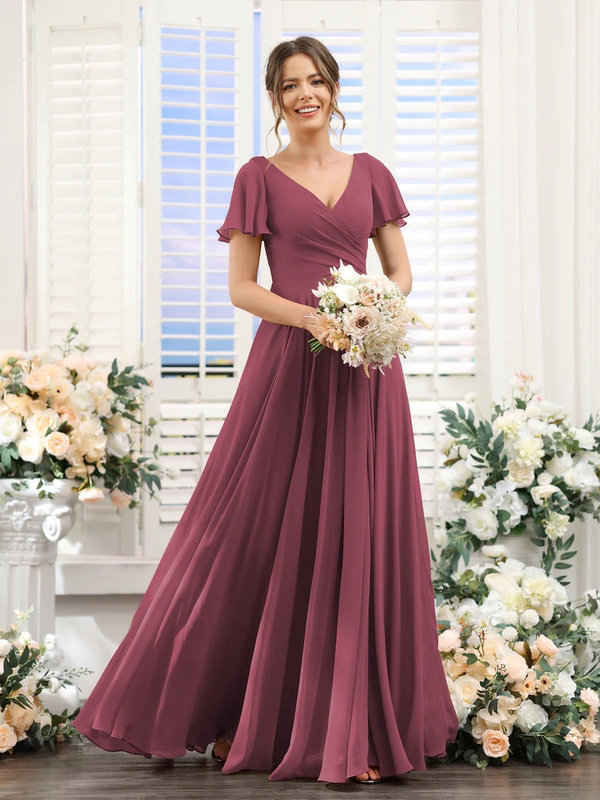 Foreign Trade Style V-Neck Bridal Gown Bridesmaid Dress with Large Sleeves, Long Chiffon, Slit A-Line Formal Cocktail Party Evening Dress