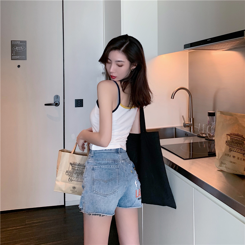 VK旗艦店 韓系高腰破洞口袋印花牛仔單品短褲