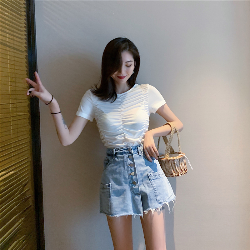 VK旗艦店 韓系高腰排口百搭牛仔短褲褲裙單品短褲