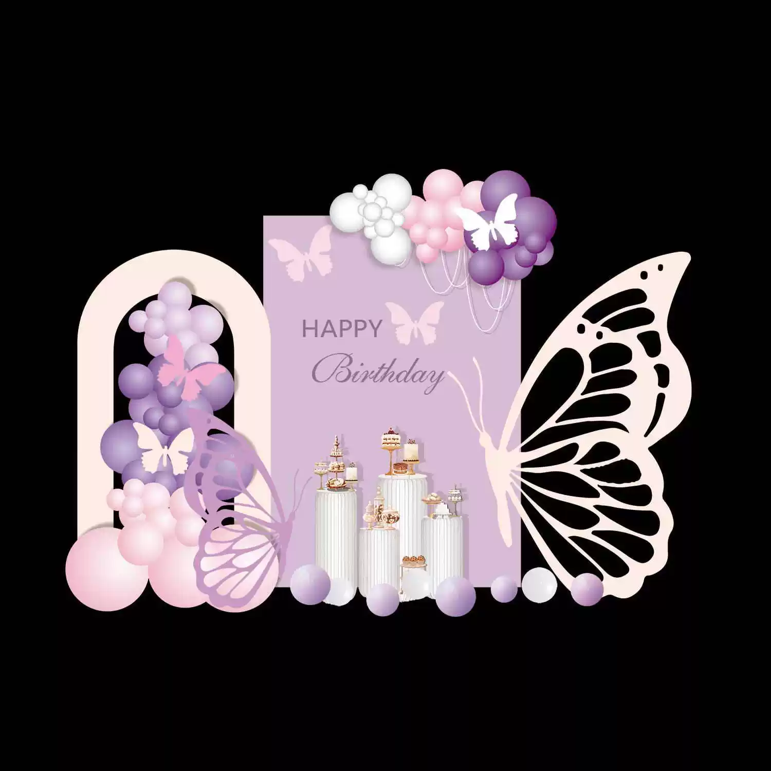 紫色蝴蝶寶寶宴周歲生日派對舞臺背景設計素材PSD格式