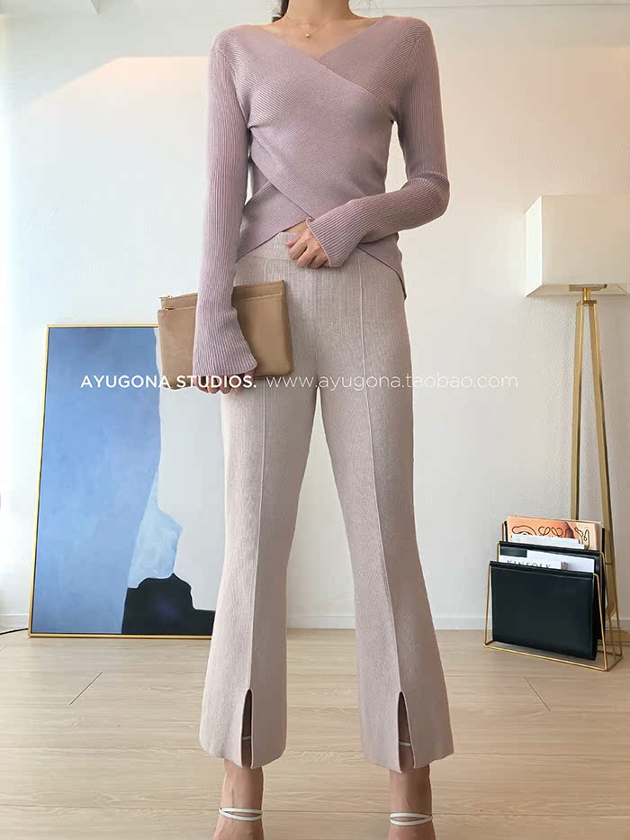 AyuGona2018 thu đông mới _ áo len cổ chữ V dài tay thon dài màu hồng len áo len khoác cardigan