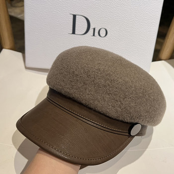 Autumn and winter wool wool peaked cap all-match leather brim equestrian cap retro sweet casual Japanese newsboy octagonal cap flat top