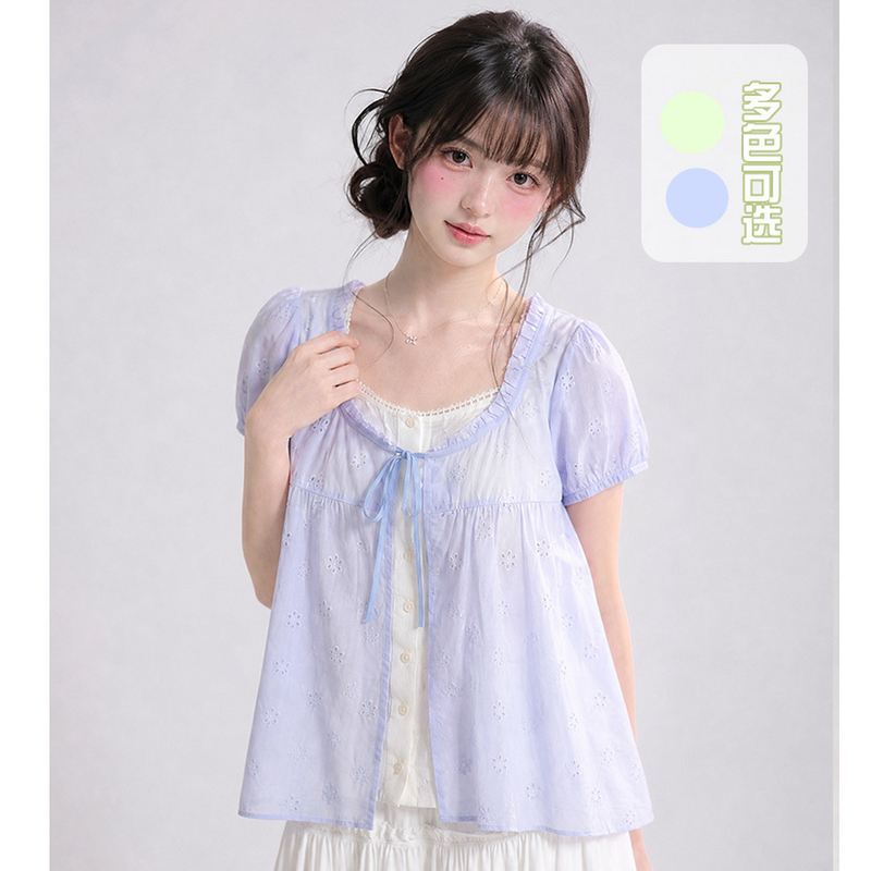 Mori Girl Tribe Sweet Fake Two-Piece Hollow-Out Design Loose Shirt for Women 2026 New Loose Pure Cotton Top for Summer Mori Girl Tribe Sweet Fake Two-Piece Hollow-Out Design Loose Shirt for Women 2026 New Loose Pure Cotton Top for Summer
