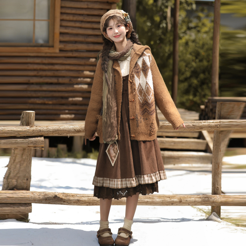 Mori Girl Tribal Jacquard Hooded Knitted Cardigan for Women, New Autumn and Winter Retro Color-Blocking Design, Versatile Loose Sweater