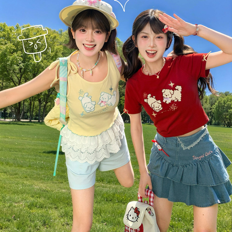 Forest Womens Tribe Cartoon Dog Embroidered Thin Short Top Red White T-shirt Womens 2026 Early Summer Dressing