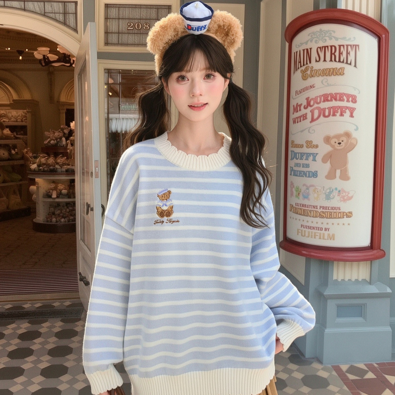New Arrival Limited Time Offer 12% off Mori Girl Tribe Milk Blue and White Striped Sweater for Women with Cartoon Bear Design, Autumn Knitwear
