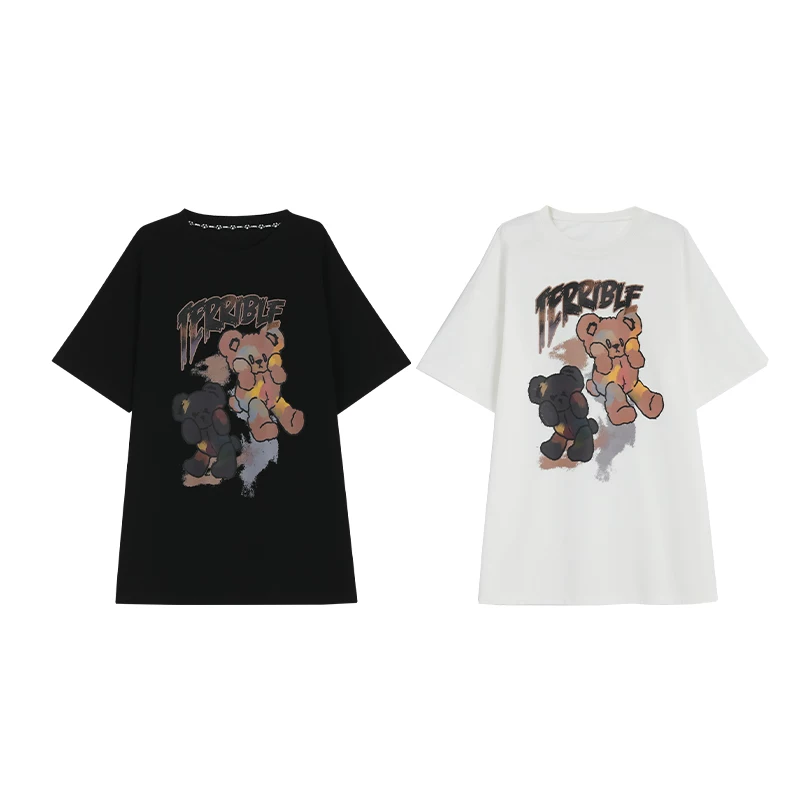 森女部落 Long summer black T-shirt, mid-length, with short sleeve