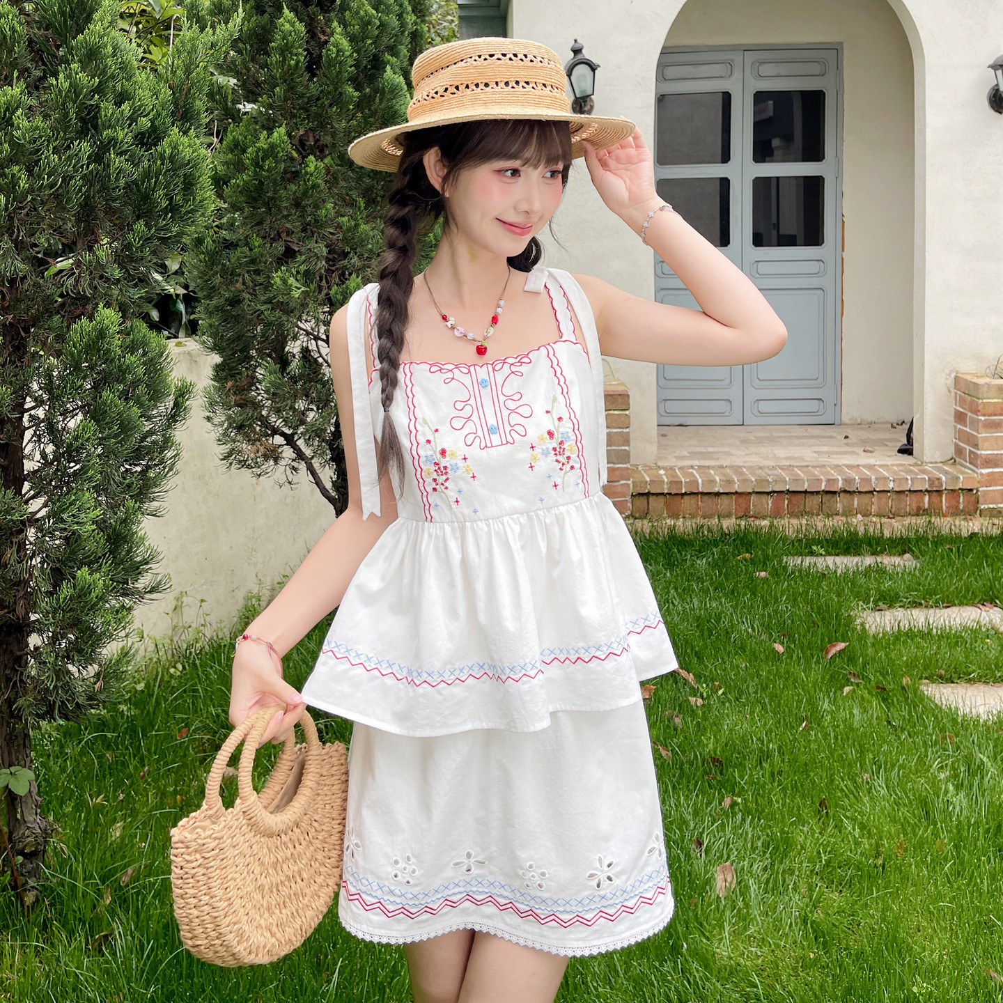 Forest Womens Tribe Vacation Style Summer Set Womens New Style Design Embroidered Slimming and Slimming Strap Skirt