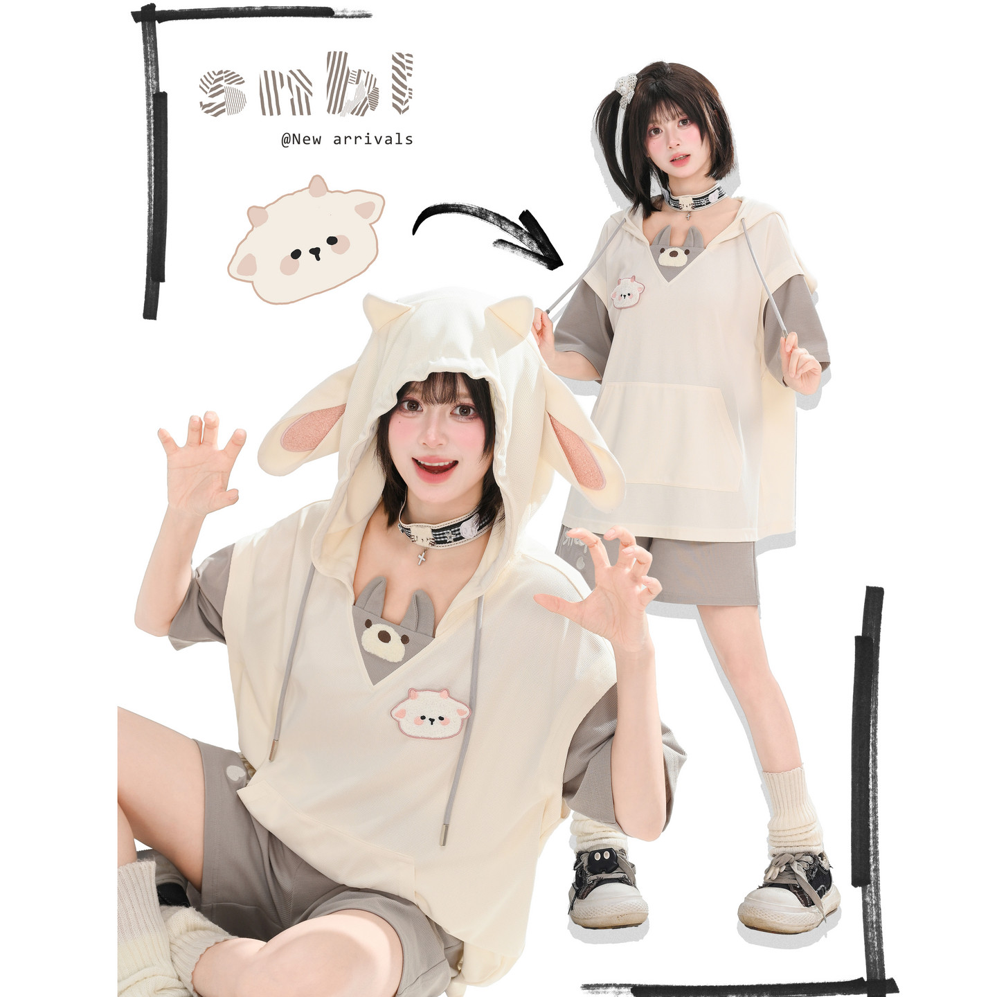 Forest girl tribe wearing sheepskin wolf design sense loose short sleeved hooded T-shirt for women 2026 new top summer