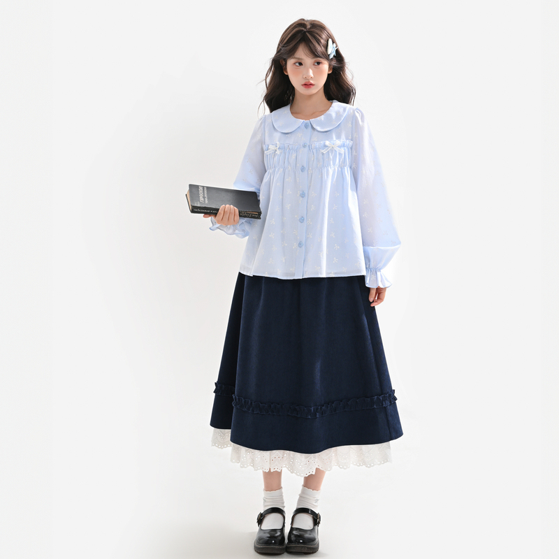 Mori Girl Tribe Blue A-Line Skirt for Women, New Summer and Autumn Mid-Length Skirt for Petite Women, Preppy Style Long Skirt for Winter Mori Girl Tribe Blue A-Line Skirt for Women, New Summer and Autumn Mid-Length Skirt for Petite Women, Preppy Style Long Skirt for Winter