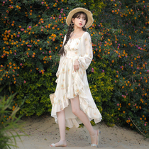 Early summer flower event Original Sen Women tribe irregular design feeling in long orange crushed flower dress