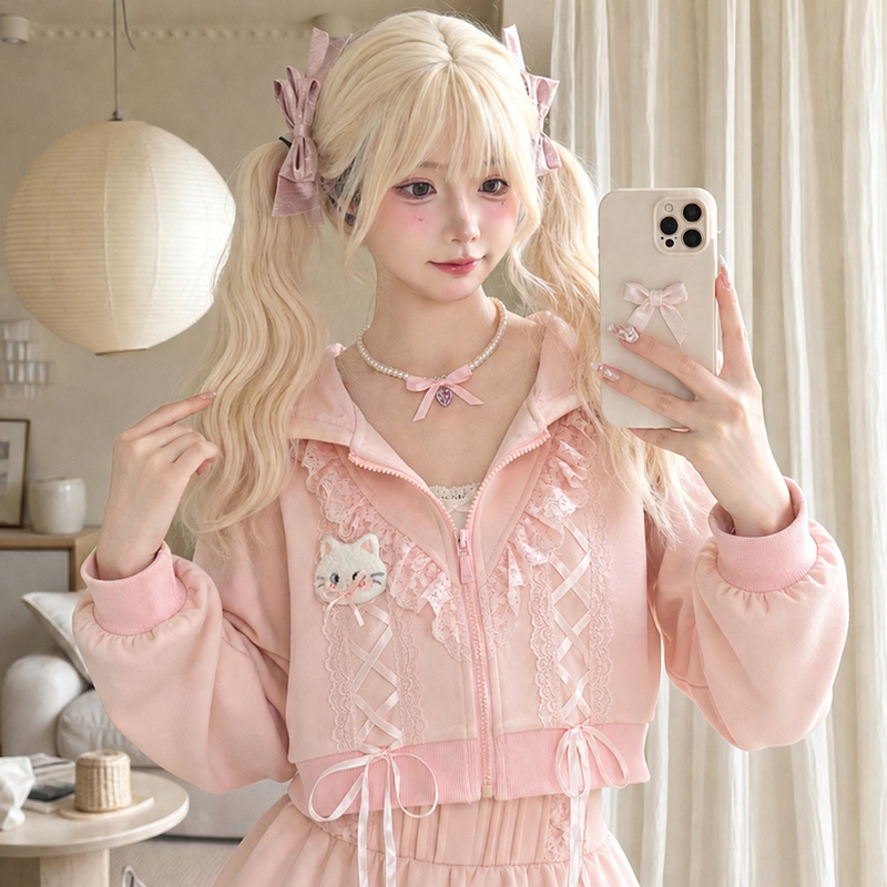 Mori Girl Style Lace Short Hooded Sweatshirt Women's Jacket Autumn 2026 Winter New Petite Pink Hoodie Set