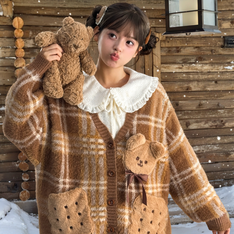 Mori Girl Tribe Biscuit Bear Plaid Melard Layered Sweater Coat Women's Spring 2026 New Loose Knit Cardigan