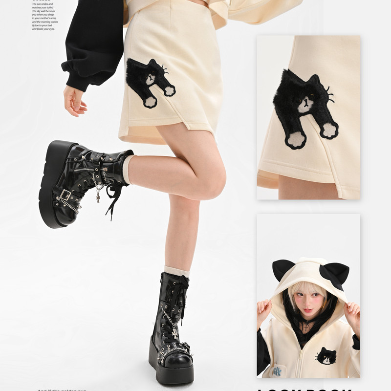 Forest Girl Tribe Original Cute Cat Pattern Bag Hip Guard Skirt High Waist Slimming Half Body Skirt Female Summer Short Skirt