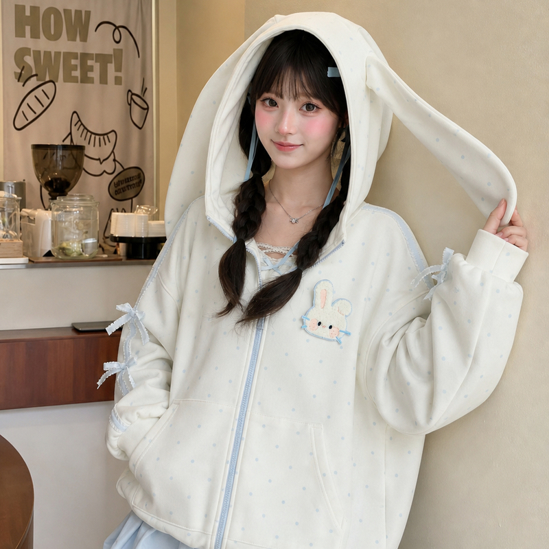 Mori Girl Tribe White Bunny Ear Hooded Sweatshirt Women's Thin Jacket Autumn 2026 New Polka Dot Cute Top Spring