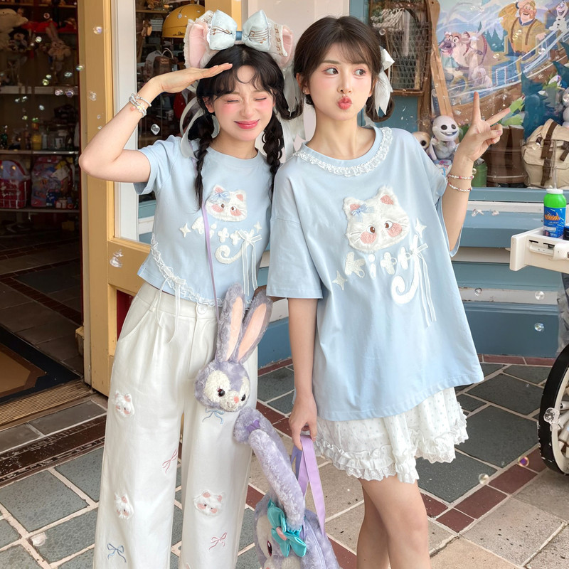 Forest Girl Tribe Blue Cute Cat Loose Short sleeved T-shirt for Women 2026 Summer New Junior High School Womens Top