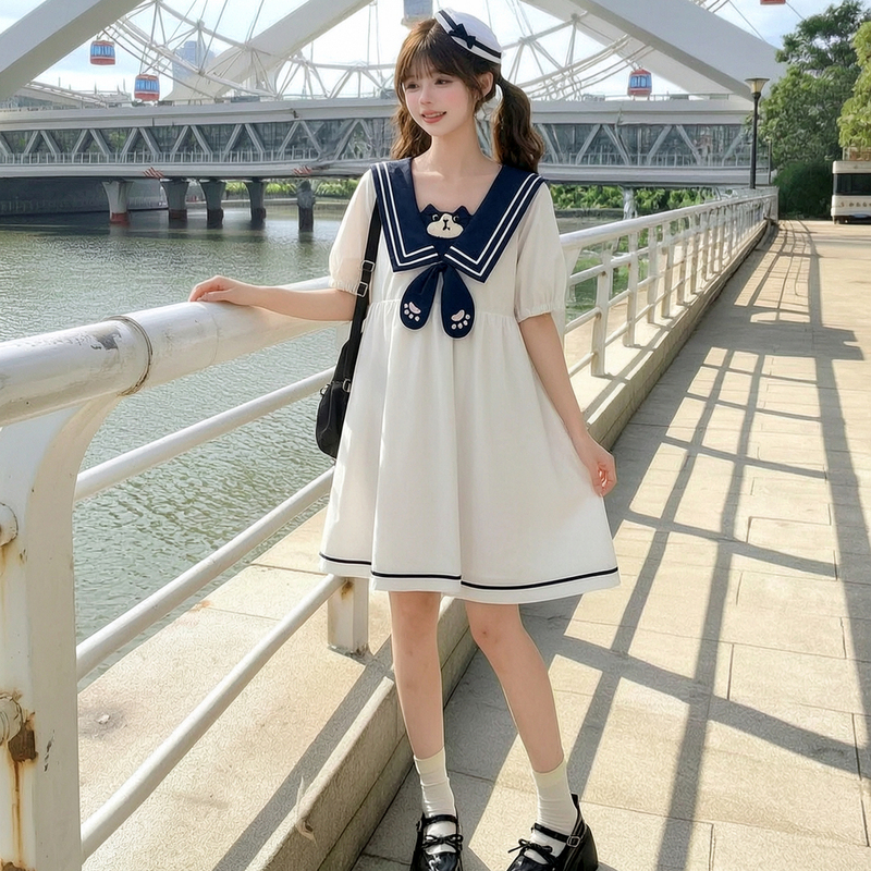 Mori Girl Tribe Original Girly Navy Collar Dress Women's Summer Cat Embroidery College Style Short Sleeve A-Line Skirt