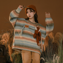 Original Sen Womens Tribe Fox Retro Color Strip Sweater Lazy Wind Knitted Sweater 2022 new dress