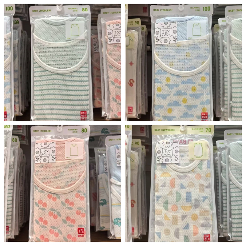 In Stock with Free Shipping, Uniqlo Infant Mesh Vest T-Shirt Sleeveless Perforated Clothing Pure Cotton Summer Two-Piece Set