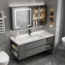 Modern light luxury integrated ceramic basin bathroom cabinet combination bathroom washbasin wash basin mirror cabinet set