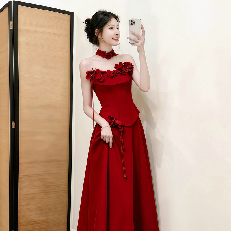 Bridal Toast Dress, Strapless Burgundy, High-End, Light Luxury, Floral Engagement Dress, Wedding Morning Gown, Evening Dress