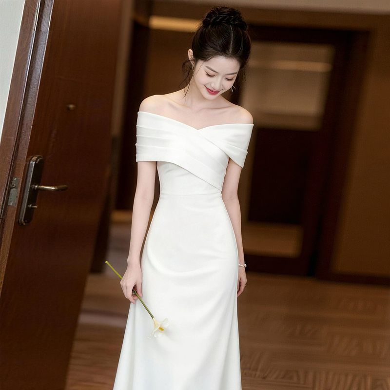 French-Style High-End Off-The-Shoulder White Formal Dress for Engagement, Registration, and Travel Photography, Light Wedding Dress French-Style High-End Off-The-Shoulder White Formal Dress for Engagement, Registration, and Travel Photography, Light Wedding Dress
