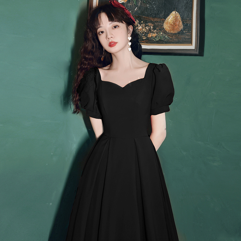 Black Evening Dress for Petite Women, Elegant Hostess Attire for Banquets, Annual Meetings, Choir Performances, Can Be Worn Casually, Summer Dress