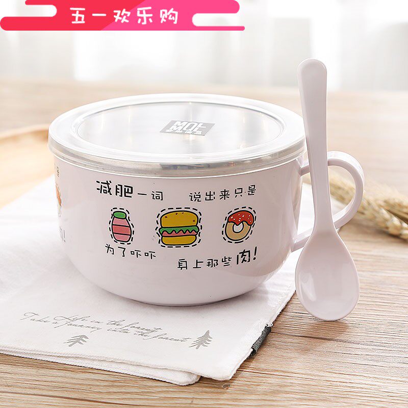 Cartoon Japanese stainless steel instant noodle bowl student with handle to play rice bowl with spoon with lid lunch box set instant noodle bowl