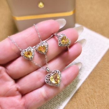 Natural colored gem crystal stone jewelry set s925 sterling silver garnet necklace ring earrings love hollow design