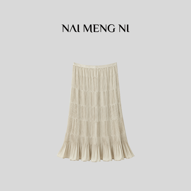 Meat-Colored 28Rr30166 【Folds Art】 Elegant Drape High-Waisted Layered Pleated Skirt