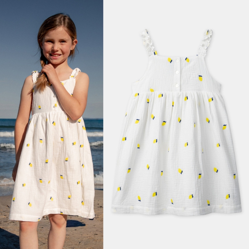 Fadanisijia 3-11A Girls' Summer Cotton Gauze Lemon Embroidery Strap Dress for Young and Older Girls