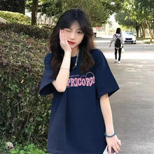 2024 Summer Hot selling Pure Cotton Navy Short sleeved T-shirt Women's Korean Creative Print Loose Round Neck Top Clothes Instagram