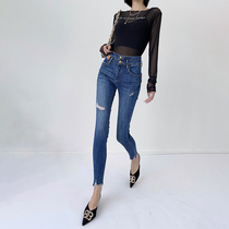 Giant thin double high waist jeans women 2021 New Blue hole drawing high stretch tight skinny pants