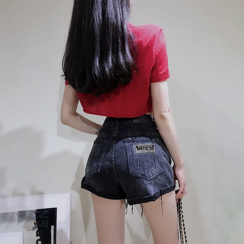 Stroll Meku đen xám denim quần short nữ phiên bản Hàn Quốc lỏng lẻo lưng túi thư cao eo thẳng chân rộng quần nóng - Quần jean
