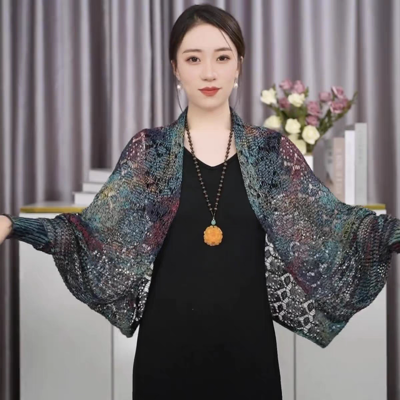 New Korean Style Versatile Long-Sleeved Shawl for Women, Summer Colorful Hollow-Out Ice Silk Air-Conditioned Room Shawl, Neck Protection Cardigan, Vest