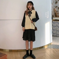 Phiên bản Hàn Quốc thời trang đầu thu sang trọng phù hợp với nữ sinh viên váy hoa + áo len dệt kim vest kiểu đồ bộ may vải thun