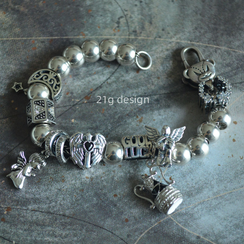 925 Silver Black Magic Pot Angel Cross Niche Cool Style Sweet Cool Spicy Girl Couple Bracelet DIY Accessories