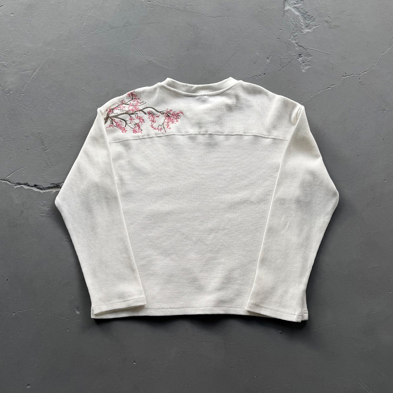 High-Quality Derschutze Cross-Border American-Style Embroidered Cherry Blossom Waffle Long-Sleeve T-Shirt Base Layer Round-Neck Top