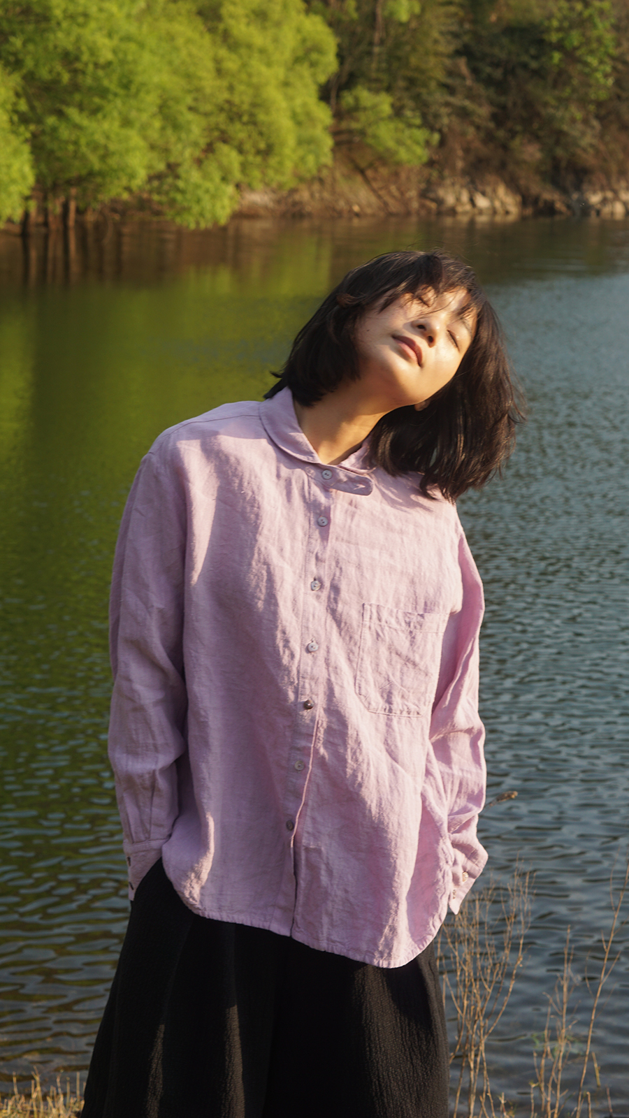 Shawl Collar Sheer Linen Washed Shirt - เสื้อเชิ้ตผู้หญิง - ผ้าฝ้าย/ผ้าลินิน สีม่วง