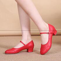 Square dance shoes womens leather middle heel dance red shoes womens shoes high heel soft bottom middle-aged friendship dance shoes spring and summer