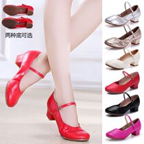 (34-43 yards) square dance shoes women 2018 summer new soft-soled dance shoes in the heel breathable Buckle Red